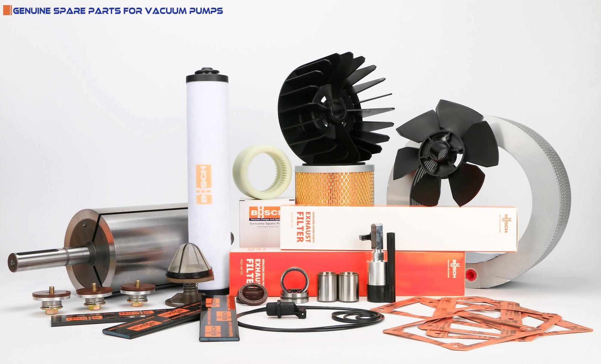 Range of Busch genuine spare parts for vacuum pumps including filters, vanes and rotor supplied by Just Pumps
