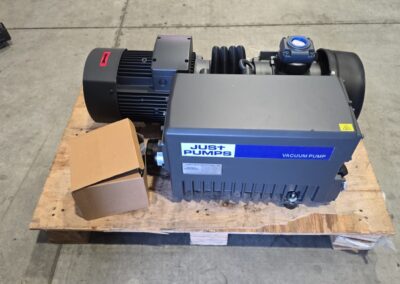 Just Pumps branded rotary vane vacuum pump crated and ready for dispatch