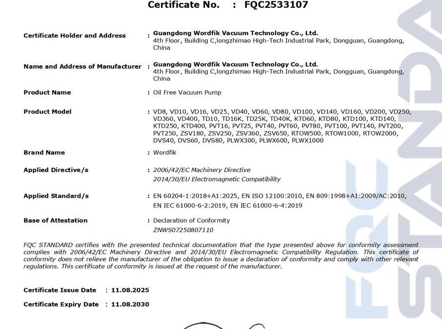 CE Certification on Vacuum Pumps: What FQC2533107 Actually Covers