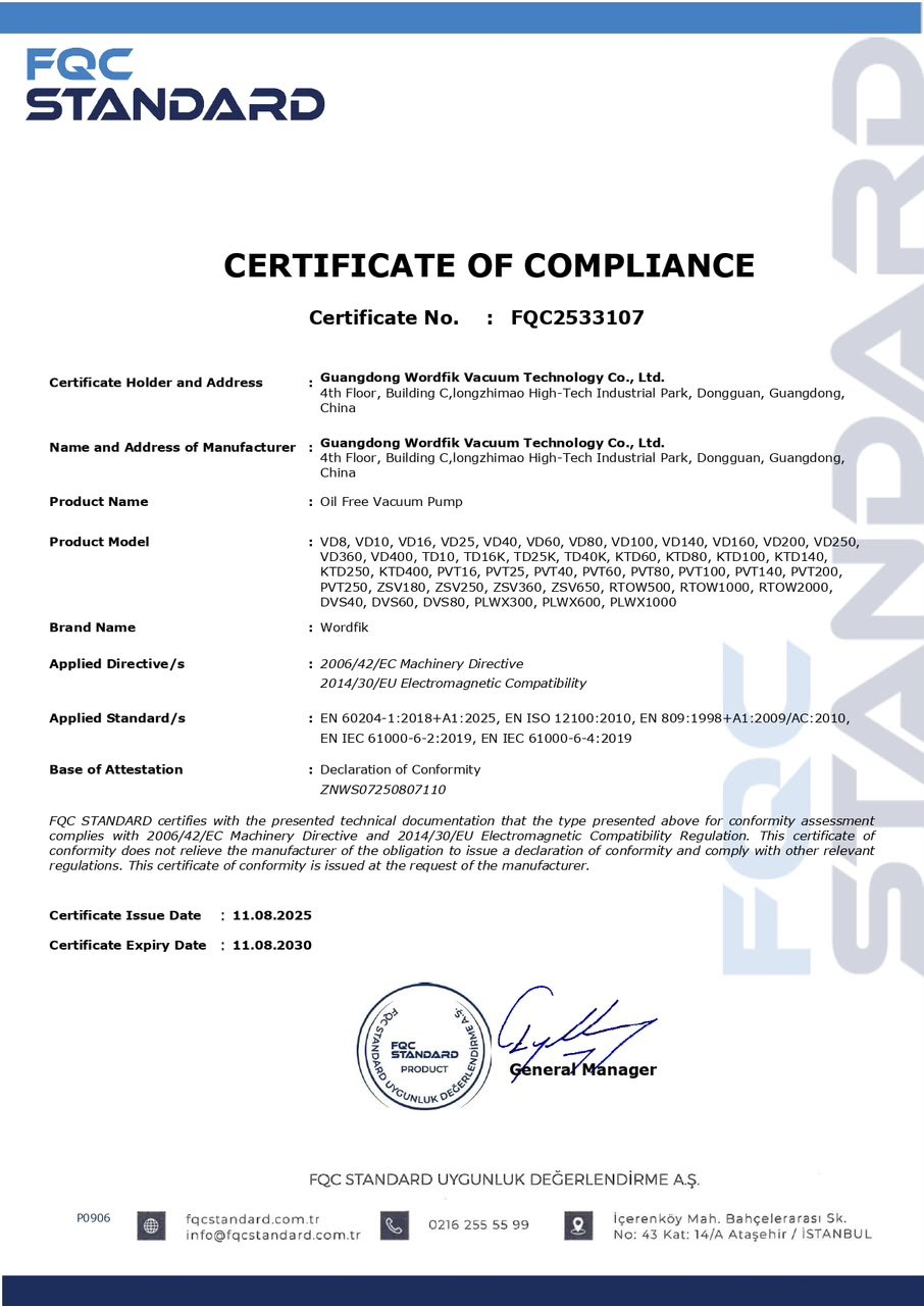 FQC Standard certificate of compliance FQC2533107 for Wordfik oil free vacuum pumps