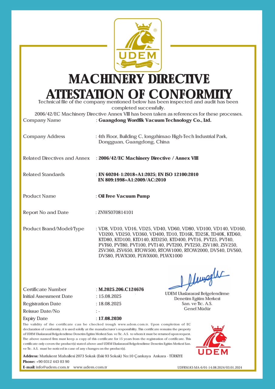 UDEM attestation of conformity M.2025.206.C124676 for Wordfik oil free vacuum pumps